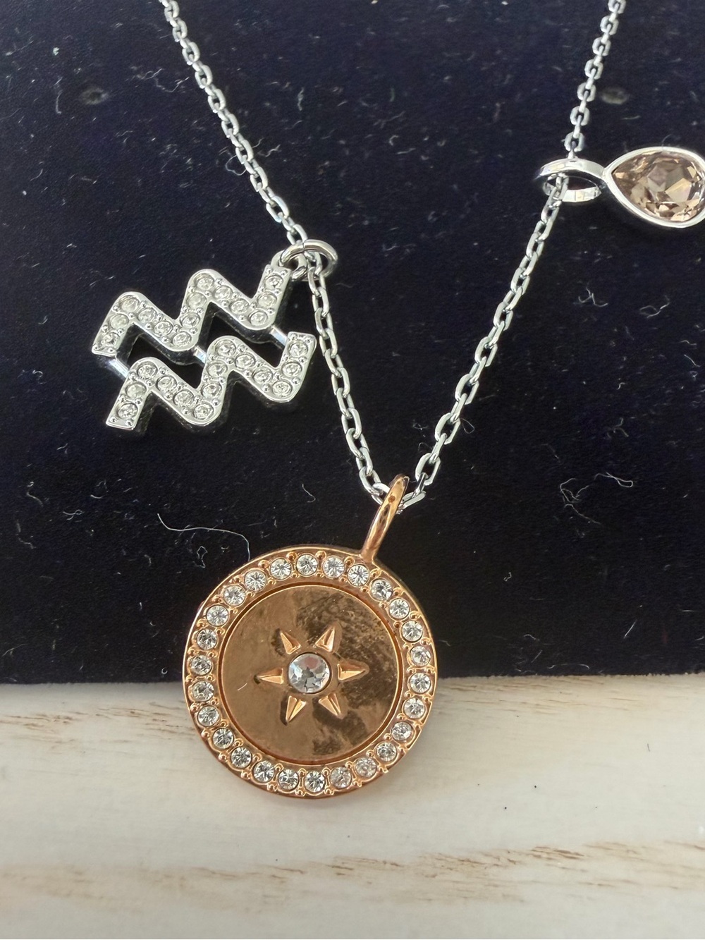 Swarovski Rose Gold Sun Coin Aquarius Pendant Necklace with Silver Accents